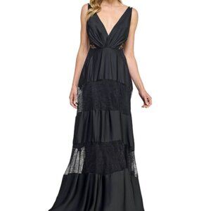 NWT Layered with Love L Black V-Neck Satin Lace Whimsigoth Strappy Maxi Dress
